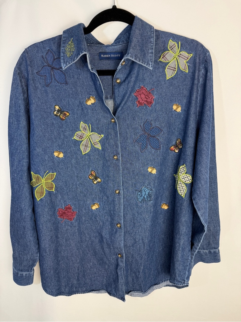 Vintage Karen Scott Blue Embroidered Denim Shirt - Fall Leaves